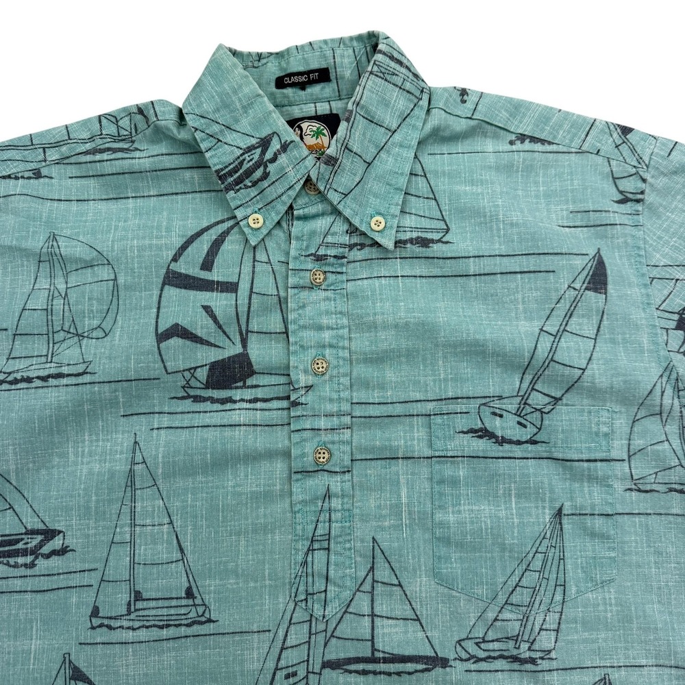 Reyn Spooner Shirt Mens S Green Short Sleeve Button Popover Sailboat Print